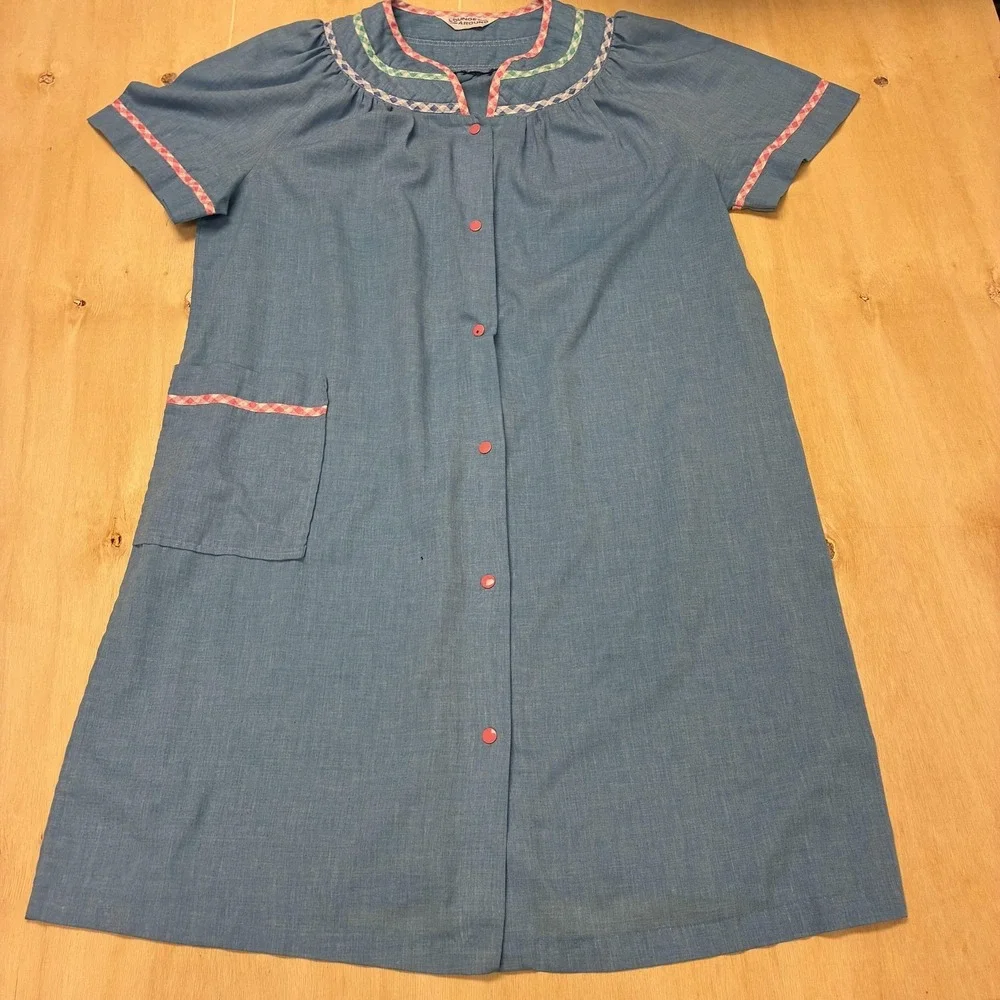 Vintage Lounge Around Robe Womens Large Blue Button Short Sleeve Sleepwear